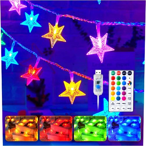 Minetom Color Changing Star String Lights - 17 ft 50 LED Star Fairy Lights with Remote and Timer, 16 Colors and 7 Modes, USB Powered String Lights for Bedroom Tent Patio Xmas Party Indoor Decor