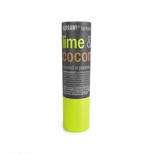 Hurraw! Lime & Coconut Lip Balm: Plastic-Free with new cardboard push-up tube. Certified Organic, 100% Natural Origin, Vegan, and Cruelty Free. Gluten Free. Bee, Shea, Soy and Palm Free. Made in USA