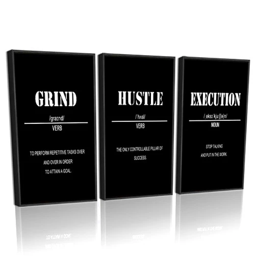 Drsoum Inspirational Office Framed Wall Art Motivational Grind Hustle Success Canvas Wall Decor Encouraging Quotes Sayings Paintings 3 Pieces Artwork Home Bedroom Easy to Hang 11x14in (Black Framed)