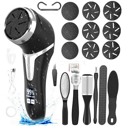 Hoxida Electric Callus Remover for Feet (with Dander Vacuum), Portable Pedicure Kit Foot File Callus Remover, Rechargeable Waterproof Foot File for Foot Care Deadskin Remover with 9Head&LCD Display