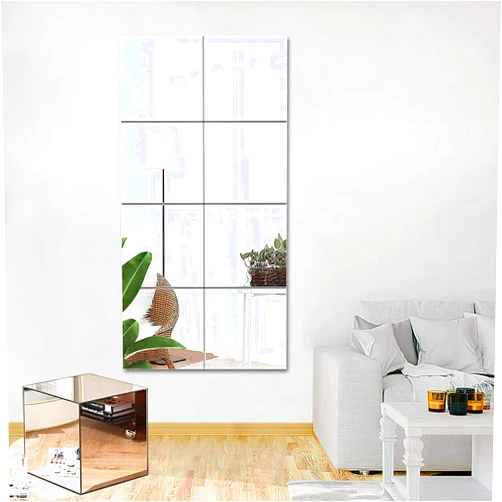 JUNEBRUSHS 4 Pack Self Adhesive Acrylic Mirror, 12X 12 Inch Mirror Tiles,Flexible Plastic Mirror Sheets Wall Stickers,2MM Thick Mirror,Frameless Small Mirror