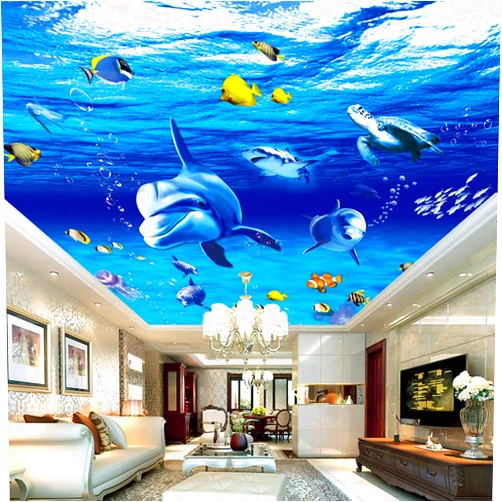 Asolle 3D Modern Cartoon Underwater World Dolphin Photo Ceiling Mural Wallpaper Living Room Kids Bedroom Ceiling Fresco., 78inchWx59inchH