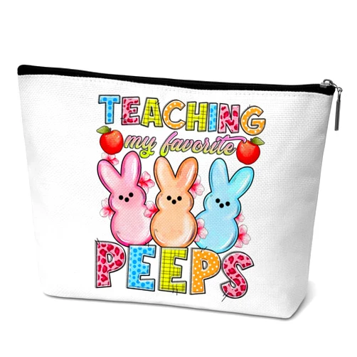 ONDTOM Happy Easter Gifts for Women Friends, Easter Bunny Makeup Bag, Teaching My Favorite Peeps Teacher Appreciation Gifts -B13