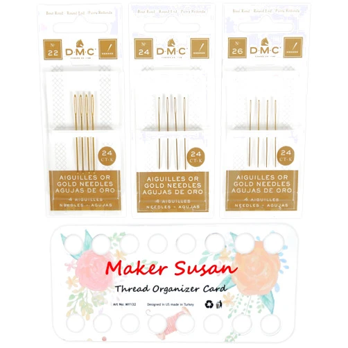 Maker Susan DMC Size 22-24-26 (3 Pack) Gold Cross Stitch Needles Kit, Large Eye Round End Embroidery and Tapestry Hand Needles with Maker Susan Embroidery Thread Holder Organizer Card (12 Needles, 1 Org Card)
