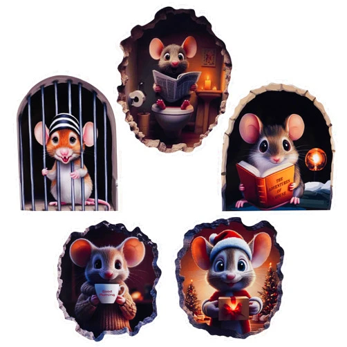 Taesytii 5PCS 3D Mouse Hole Wall Stickers Murals Art Peel and Stick Decals Whimsical Wallpaper Drywall Hole Repair Patch Kit Cute Wall Decor for Kids Room Playroom Kitchen Library Classroom Nursery