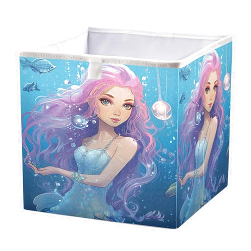 YETTASBIN Mermaid Cube Storage Bin, Large Foldable Storage Basket Toy Clothes Organizer Bin for Shelf, Closet, Nursery, Bedroom, Office, Home Decor