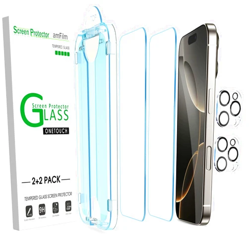 amFilm Auto-Alignment OneTouch for iPhone 16 Pro [6.3''] Screen Protector + Camera Lens Protector, Tempered Glass, 30 seconds Installation, Bubble Free, Case Friendly, Anti-Scratch [2+2 Pack]