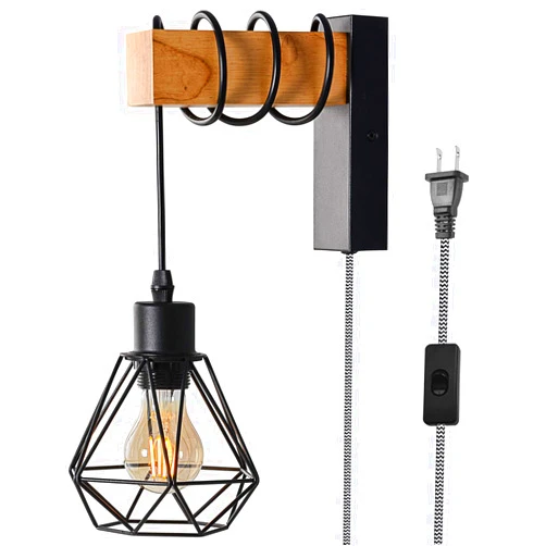 JUNOLUX Industrial Cage Wood Wall Lamp with Plug in Cord, Contemporary Interior Black Wood Wall Sconce Mounted Lighting Fixture E26 Base - Vintage Light Decoration for Living Room Bedroom Bedside (No Bulb)