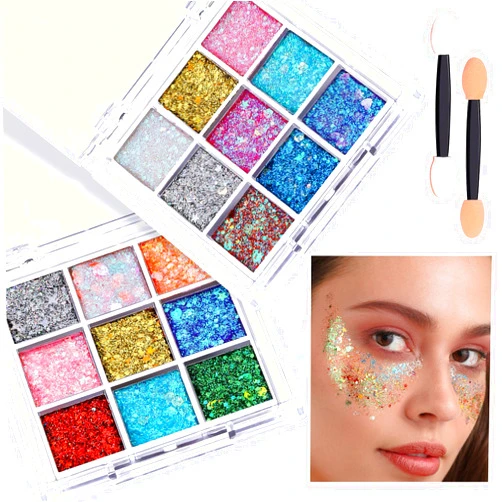 FANDAMEI Face Glitter, 2 PCS Face Glitter Gel 18 Grids, Body Hair Glitter for Kids Women for Makeup, Halloween Rave Concert Face Paint Glitter
