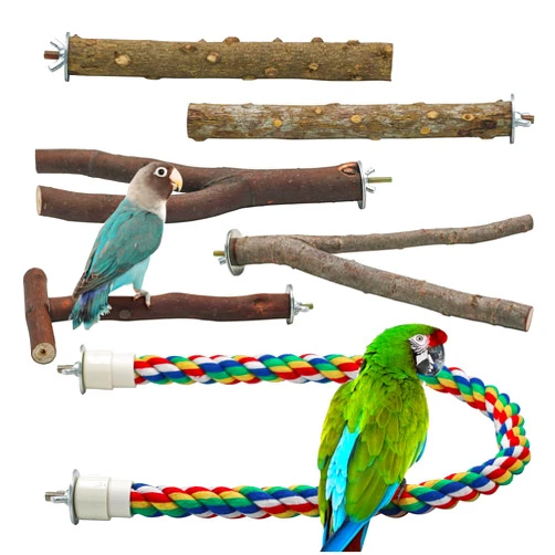 Matafat Bird Perch 5PCS Natural Wood Stand Parrot Toy and 1PC Bird Rope Perches for Parrots, Cockatiels, Parakeets, Budgie,Finches