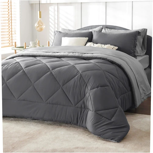 Bedsure Queen Comforter Set - 7 Pieces Reversible Dark Grey Bedding, Queen Size Bed Set for All Seasons, Bed in a Bag with Down Alternative Comforter, Sheets, Pillowcases & Shams