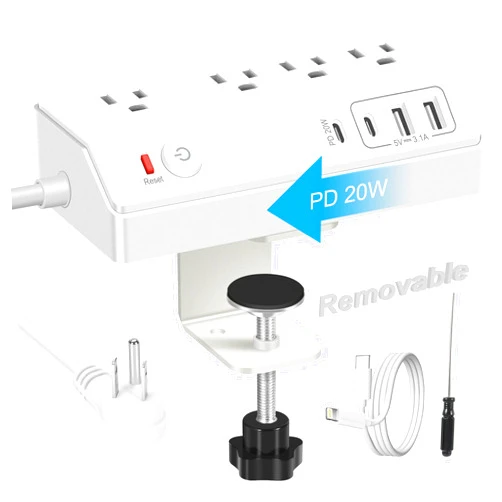 GLCONN Desk Clamp Power Strip with USB C (20W PD) - Removable Surge Protector with 4 Outlet 4 USB Ports - Multi Outlet Plug Edge Mount Desktop Power Station Charging Hub - Home Office Desk Accessories