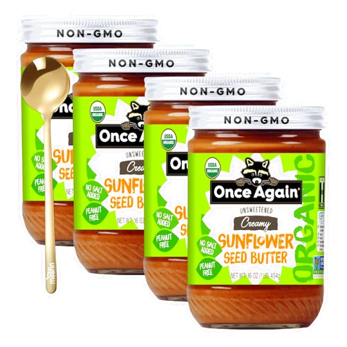 Moofin Once Again Sunflower Seed Butter, 16Oz - Organic Creamy Butter, Unsweetened, Ideal For Spreads | Bundled With Golden Ss Spoon - Non-Gmo, Vegan, Gluten-Free, Peanut And Salt Free [Pack Of 4]