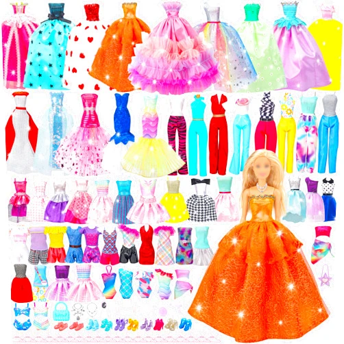 Style Shine 56 Pcs Doll Clothes and Accessories,2 Wedding Gowns 2 Evening Dresses 6 Fashion Dresses 4 Set Casual Outfit Top and Pant 2 Swimsuit,20 Hanger 10 Shoe 10 Accessories Toys for Girls Kid Gift