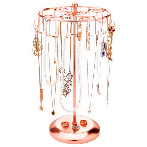 MyGift Freestanding Copper Tone Metal Rotating Jewelry Stand Organizer Display Tree with 24 Hooks for Bracelets, Necklaces, Hoop Earrings