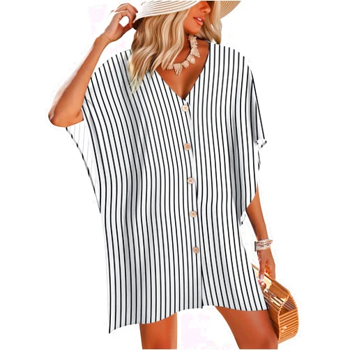 AI'MAGE Womens Swimsuit Cover Up Button Down Bathing Suit Coverups 3/4 Sleeve Beachwear Oversized Bikini Shirt Dresses S-XXL
