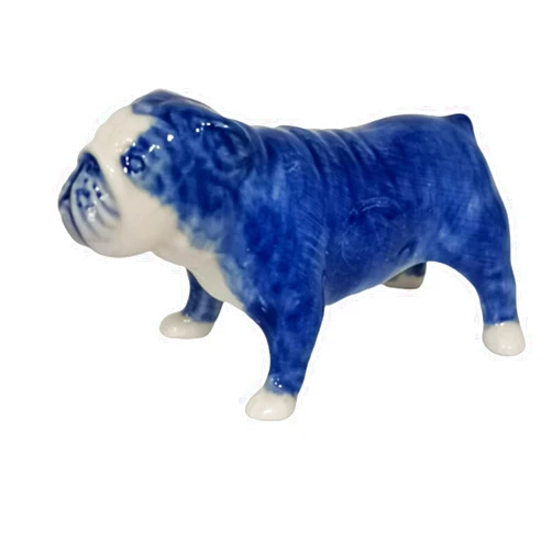 LUXKUNHOUSE Ceramic Bulldog Figurine Dollhouse Delft Blue White Collectible Miniature Bonsai Garden Handmade Painted Gift Stand