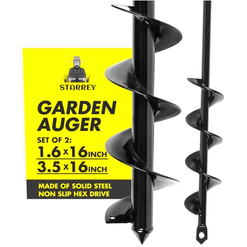 STARREY Auger Drill Bits Set for Garden Planting Set of 2-3.5X16 in & 1.6X16 in Spiral Earth Auger Drill Bit for Post Holes Flower Beds & Bulb Planter Tool Black 3/8 inch Hex Drive