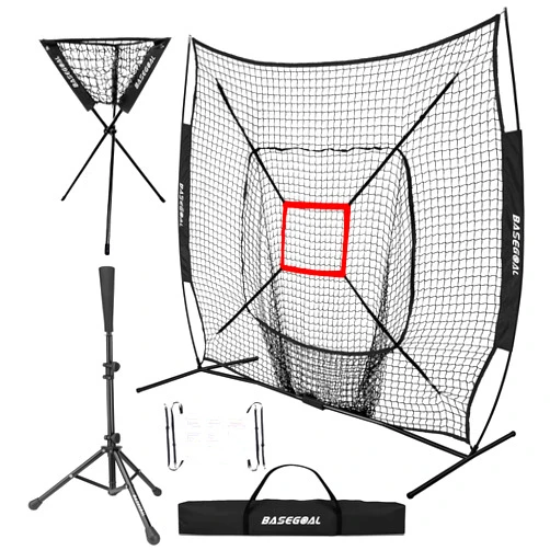 BaseGoal 7'×7' Baseball Softball Practice Net,Baseball Backstop,with Batting Tee,Ball Caddy,for Hitting Pitching Batting Catching with Bow Frame,Bonus Strike Zone,Portable and Foldable