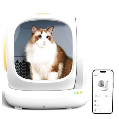 MeoWant Self-Cleaning Cat Litter Box, 75L Extra Large Open Automatic Cat Litter Box for Multi Cats, Integrated Safety Protection/APP Control/Odor Removal Smart Litter Box with Mat & Liner