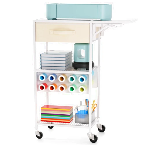 Jolensoy Craft Cart and Organizer Table Compatible with Craft Cutting Machine - Rolling Storage Organizer with Drawer & Vinyl Roll Holder, Crafting Table Workstation Holder for Craft Room Home Office (White)
