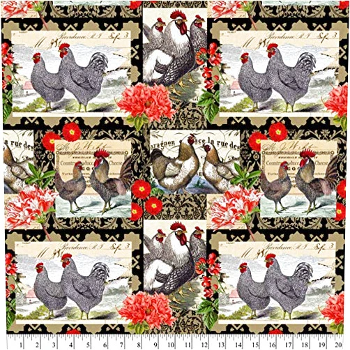 DAVID TEXTILES Farm Roosters Cotton Fabric by The Yard, Precut 1 Yard Pieces