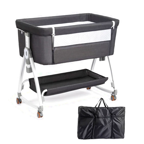 JOYMOR 3 in 1 Baby Bassinet, Bedside Bassinet for Baby, with Comfy Mattress and Wheels, 6 Height Adjustable Easy Folding Portable Bedside Crib for Newborn (Black)