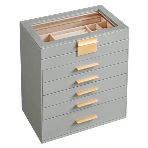 SONGMICS Jewelry Box Organizer with Glass Lid, 6-Layer Jewelry Storage, with 5 Drawers, Modern Style, Christmas Gift, 6.4 x 9.9 x 11.4 Inches, Dove Gray and Gold Color UJBC171G01