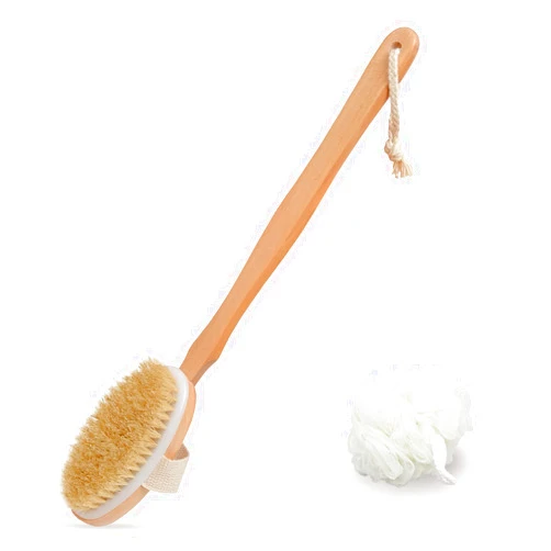 Bamfan Body Brush for Bath or Shower - Dry or Wet Skin Exfoliating Long Wood Handle Back Scrubber with White Sponge