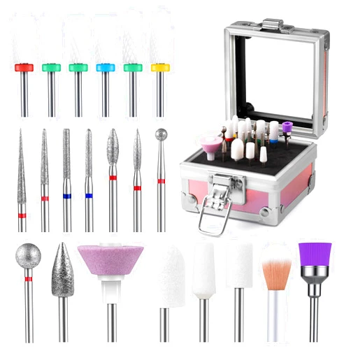 MelodySusie 21pcs Nail Drill Bit Set with Portable Holder Case, 3/32'' Ceramic Diamond Carbide Acrylic Gel Nail Art Tool Kit, Cuticle Remover Bit for Acrylic Dip Powder, Manicure Pedicure, Salon Home