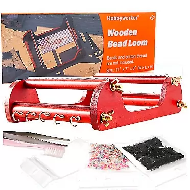 hobbyworker The Wooden Bead Loom Kit with Tweezer and 3 Bags Seed Beads for Jewelry Making Tool,Make Bracelets Necklaces Keychains and Belts