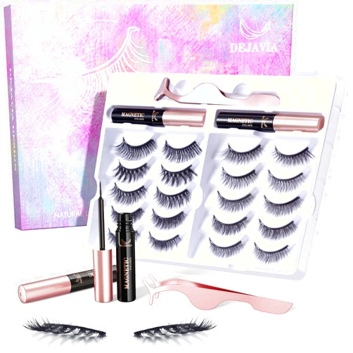 DEJAVIA Magnetic Lashes [10 Pairs], Premium Natural Looking Magnetic Eyelashes with Eyeliner Kit，Reusable Lightweight Wispy Strong Magnetic Eyelashes with Applicator and Tweezers, No Glue Needed