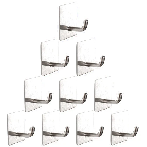 Vanloory Bath Towel Hooks -10 Pack Strong Self Adhesive Coat/Clothes Hooks, No Drilling Sticky Hooks, Heavy Duty 304 Stainless Steel Shower Wall Hook for Bathroom Kitchen Bedroom(Brushed Nickel)