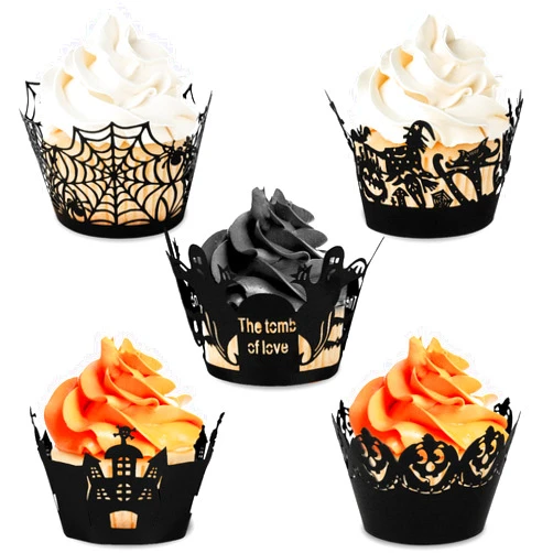 Whaline 100 Pcs Halloween Cupcake Wrappers, Artistic Bake Paper Cups Black Laser Cut Cupcake Liners Cake Decoration for Halloween Theme Party