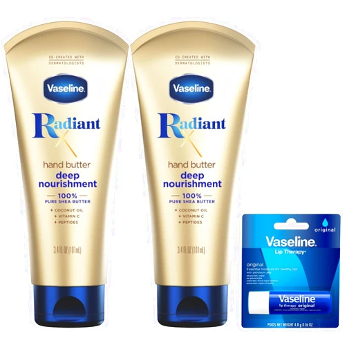 Vaseline Lotion, Radiant X Deep Nourishment Hand Butter 2-Pack for Dry Skin + Original Vaseline Lip Therapy Stick for Dry Lips with Petroleum Jelly (3 Piece Set)