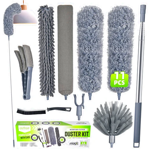 ERAGIP Extendable Feather Duster with Extension Pole 30 to 100 Inches, 11 Pcs Cleaning Kit with Microfiber Feather Dusters, Crevice Cleaning Brush, for Cobwebs, Blinds, Furniture, High Ceilings & Cars
