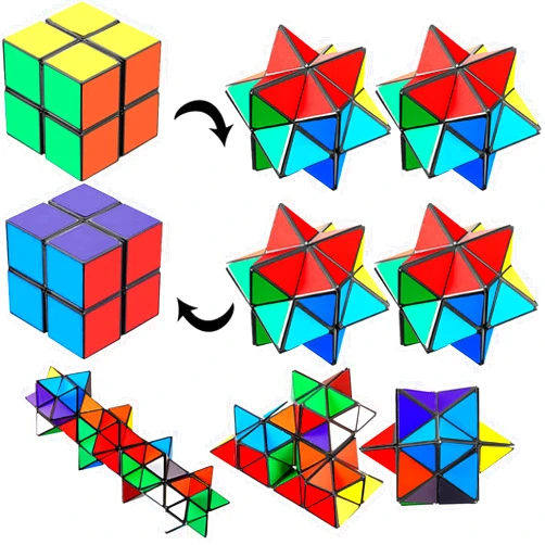 Zhanmai 4 Pieces 2 in 1 Combo Cube Toy Magic Star Cube Transforming Infinity Geometric Puzzle Toys Cool Mini Shape Transforming Item for Teens and Adults