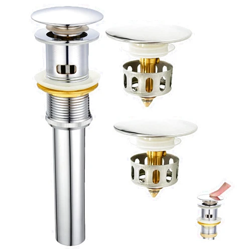 CAKOVANO Bathroom Sink Drain, CAKOVANO Sink Drain Stopper with Overflow, Pop Up Drain Stopper with 2 Pack Strainer Basket Hair Catcher, Anti-Clog Drain Strainer Vanity Vessel Sink, Stainless Steel and Brass
