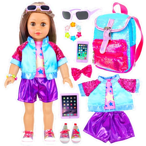 18INDC 10 Pcs American 18 Inch Doll Accessories, 3-piece 18 Inch Doll Clothes Set with Doll Shoes, Hair Clip, Gradient Backpack, Bracelet, Sunglasses, Notebooks, Toy Tablet, Phone - Best Gift for Kids