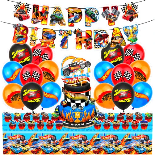 Generic Racing Car Birthday Party Supplies - Hot Car Birthday Party Decorations Include 1 Happy Birthday Banner, 1 Tablecloth, 24 Balloons, 1 Cake Topper, 24 Cupcake Toppers, Racing Party for Kids Boys Girls
