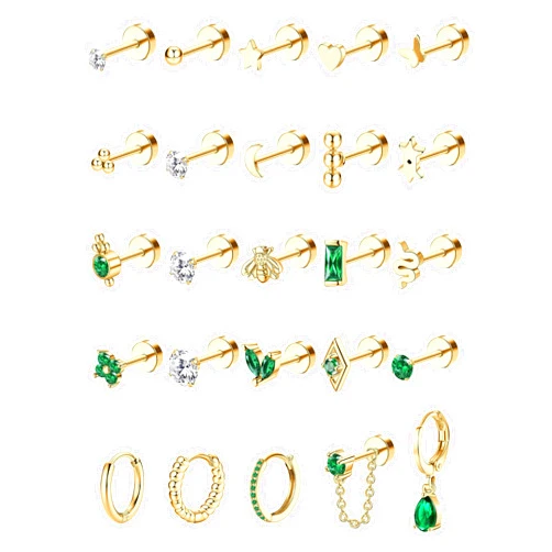 ADRAMATA Gold Flat Back Earrings for Women Hypoallergenic Surgical Steel Earrings for Sensitive Ears 20G Small Stainless Steel Flatback Stud Hoop Cartilage Earring Set for Multiple Piercing Helix/Tragus/Conch