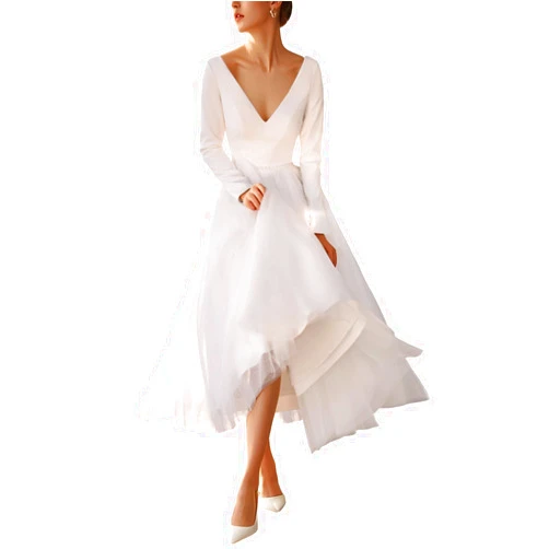 JIANRUIY A-Line/Princess Simple Wedding Dresses V-Neck Ankle Length Long Sleeves Satin Bridal Gowns 2024 JR101