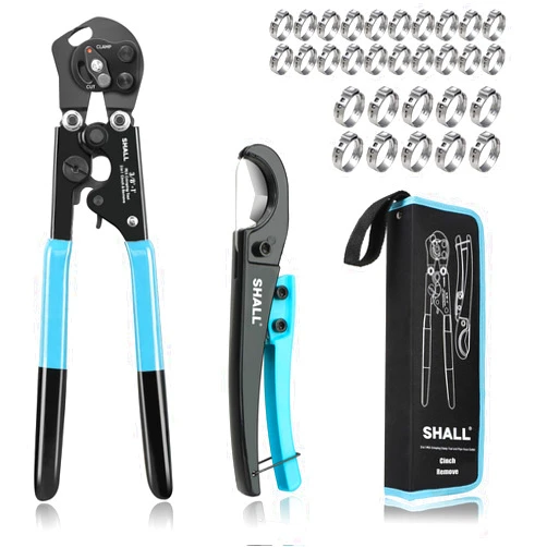 SHALL 2-IN-1 Pex Crimping Clamp Cinch & Remove Tool with Pipe Hose Cutter, Pex Pipe Fitting Crimper Tool Kit for 3/8