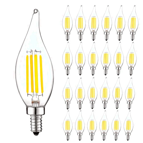 LUXRITE Vintage Candelabra LED Bulb 60W Equivalent, 550 Lumens, 5000K Bright White, LED Chandelier Light Bulbs 5W, Dimmable, Flame Tip Clear Glass, Filament LED Candle Bulbs, E12 Base (24 Pack)