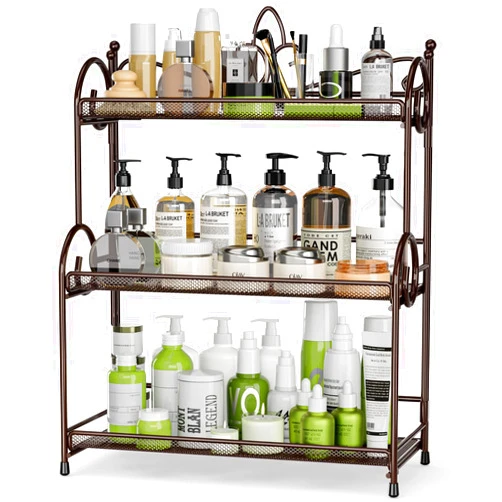 EKNITEY Bathroom Organizer Shelf Countertop - Kitchen Counter Organizer 3 Tier Bathroom Counter Shelves for Makeup Vanity Organizer Brown (No Assembly)