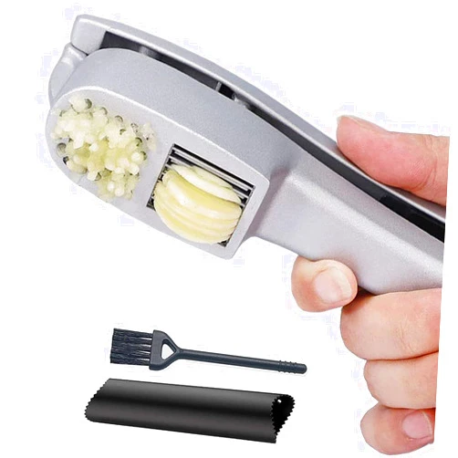 ANERONG Garlic Press, 2 in 1 Garlic Mince and Garlic Slice with Garlic Cleaner Brush and Silicone Tube Peeler Set. Easy Squeeze, Rust Proof, Dishwasher Safe, Easy Clean.