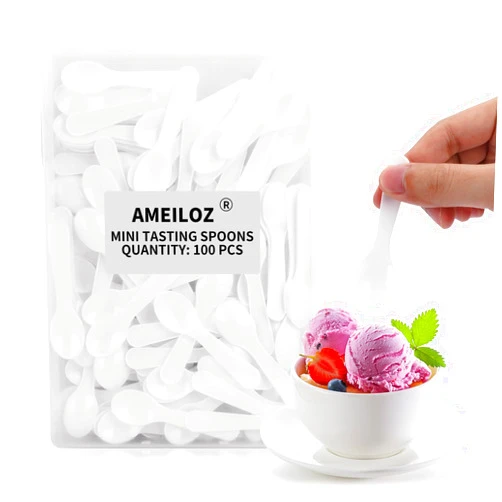 AMEILOZ 100PCS 3 Inch Mini Tasting Spoons Tiny Plastic Taster Spoon for Yogurt Pudding Jello Shots Ice Cream, Extra Little Sample Micro Spoons (White)