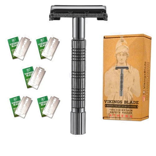 VIKINGS BLADE Safety Razor for Women + 5 Swedish Steel Blades. Quick Release Head, Double Edge. Smooth, Reusable, Recyclable (Model: Athena)