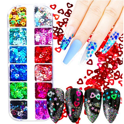 Onsdag Love Heart Nail Art Glitter Sequins, 12 Colors Holographic Hollow Heart Shapes Nail Flakes Designs, 3D Laser Sparkly Big Small Hearts Nails Supplies for Women Manicure Decorations, DIY Shiny Crafts