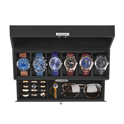 SONGMICS 6-Slot Watch Box, Lockable Watch Case with Glass Lid, 2 Layers, with 1 Drawer for Rings, Bracelets, Gift Idea, Black Synthetic Leather, Black Lining UJWB060B02